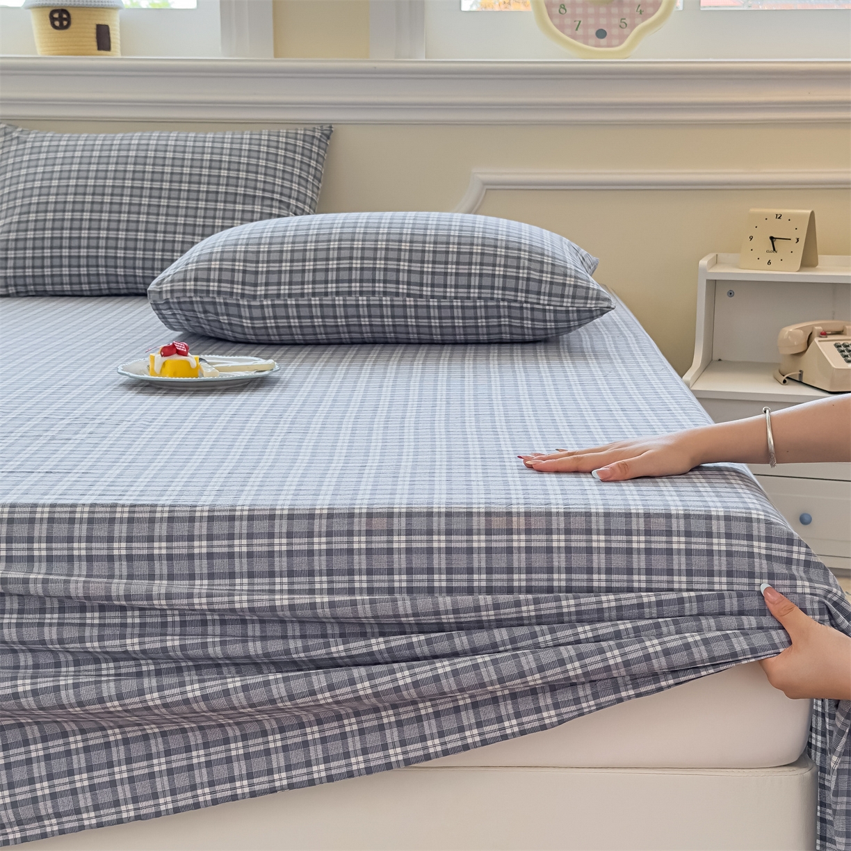 91家纺网 家纺一手货源 找家纺 菡宝 2025新款全棉纯棉色织水洗棉单床单 蓝格调