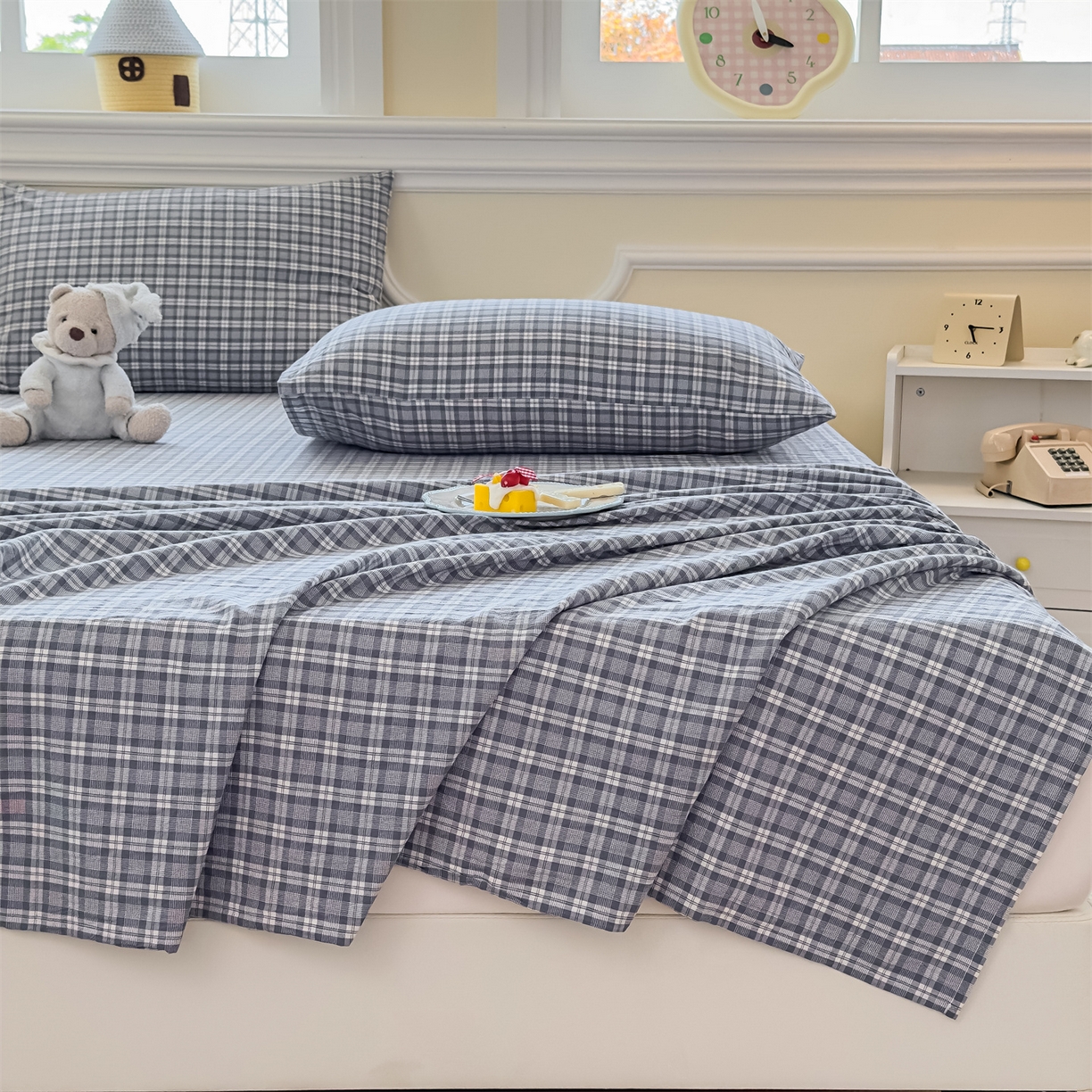 91家纺网 家纺一手货源 找家纺 菡宝 2025新款全棉纯棉色织水洗棉单床单 蓝格调