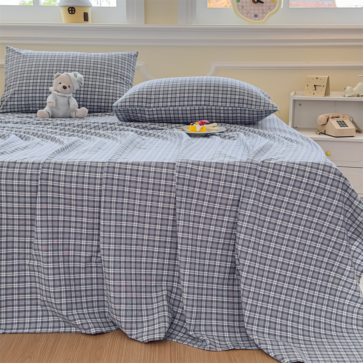 91家纺网 家纺一手货源 找家纺 菡宝 2025新款全棉纯棉色织水洗棉单床单 蓝格调