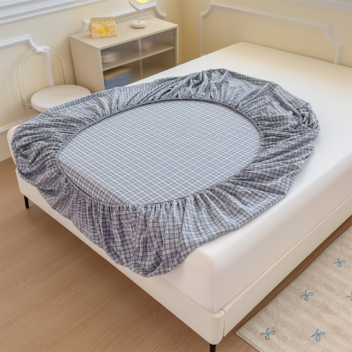 91家纺网 家纺一手货源 找家纺 菡宝 2025新款全棉纯棉色织水洗棉单单床笠 蓝格调