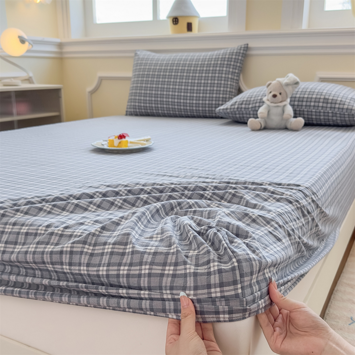 91家纺网 家纺一手货源 找家纺 菡宝 2025新款全棉纯棉色织水洗棉单单床笠 蓝格调