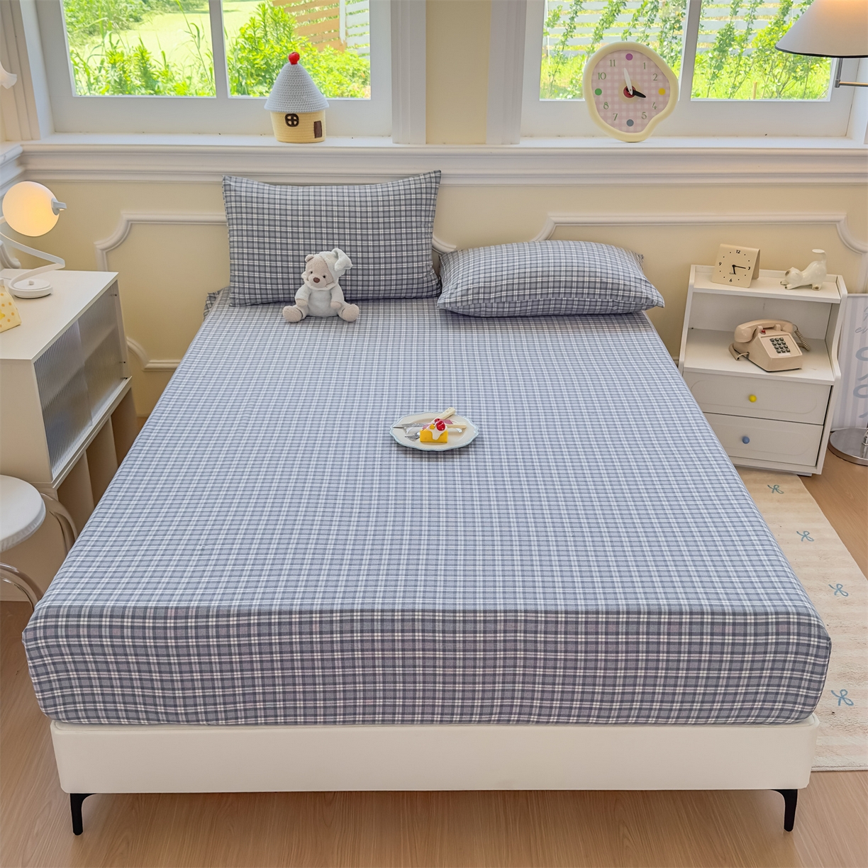 91家纺网 家纺一手货源 找家纺 菡宝 2025新款全棉纯棉色织水洗棉单单床笠 蓝格调