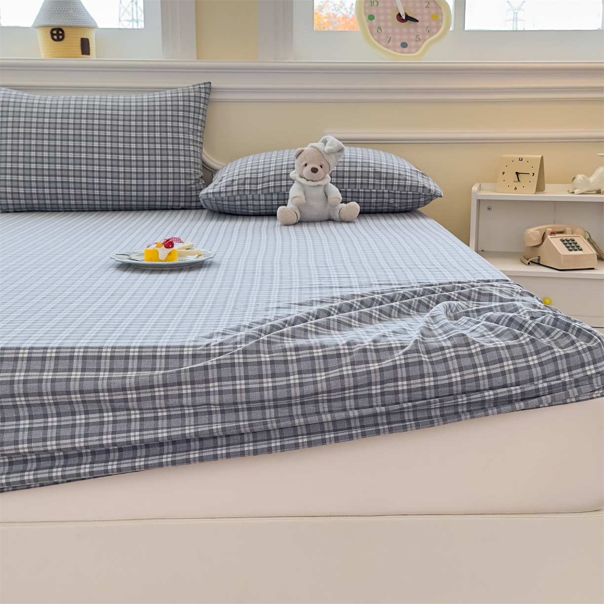 91家纺网 家纺一手货源 找家纺 菡宝 2025新款全棉纯棉色织水洗棉单单床笠 蓝格调