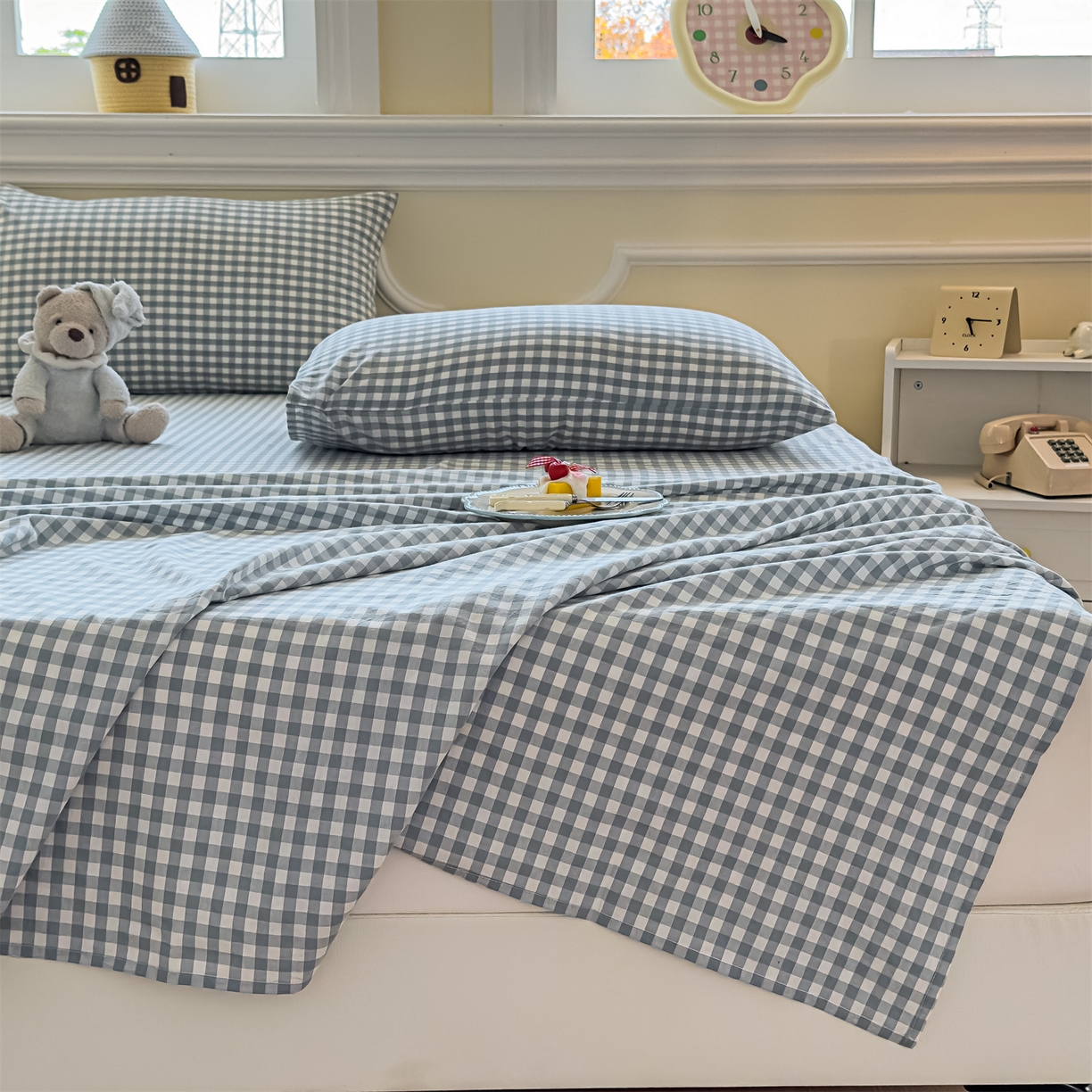 91家纺网 家纺一手货源 找家纺 菡宝 2025新款全棉纯棉色织水洗棉单床单 蓝小格