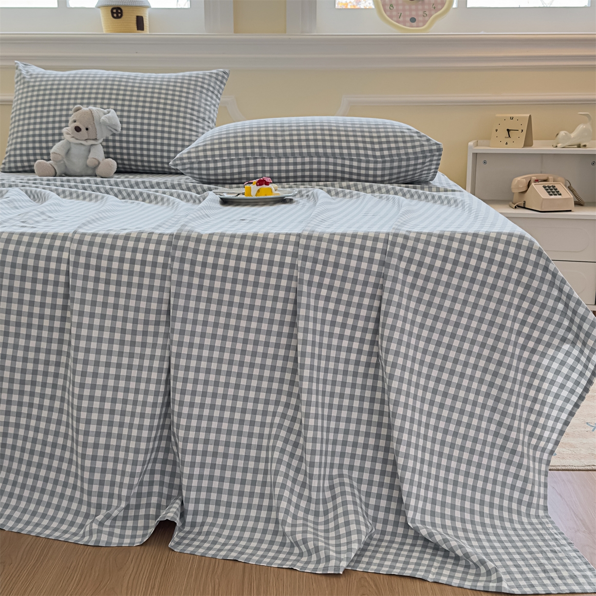 91家纺网 家纺一手货源 找家纺 菡宝 2025新款全棉纯棉色织水洗棉单床单 蓝小格