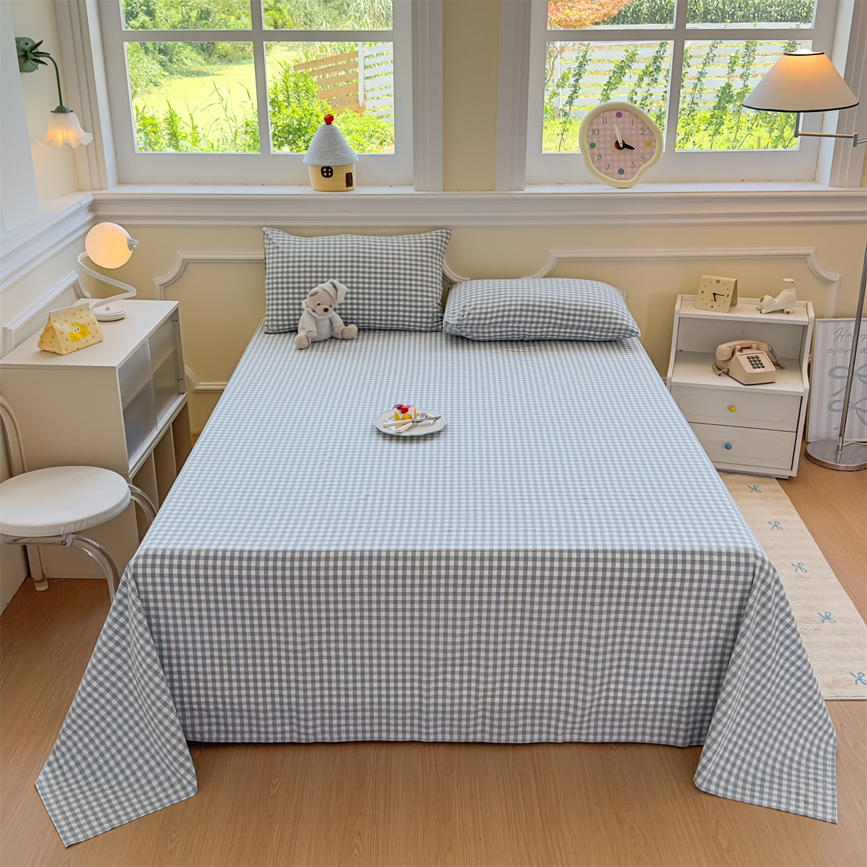 91家纺网 家纺一手货源 找家纺 菡宝 2025新款全棉纯棉色织水洗棉单床单 蓝小格