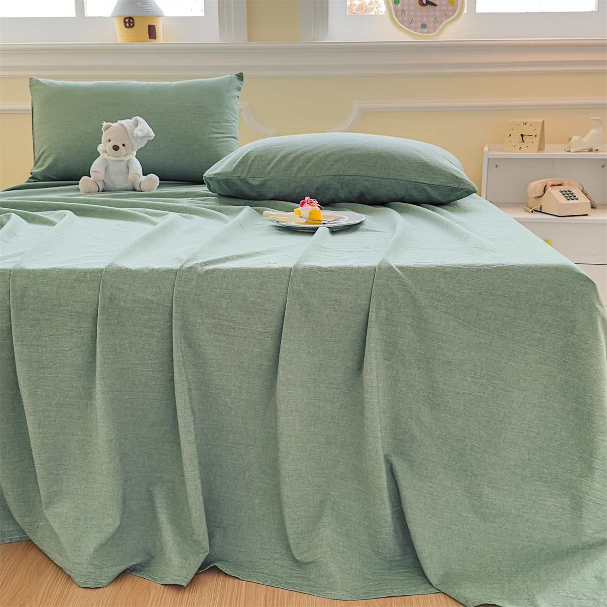 91家纺网 家纺一手货源 找家纺 菡宝 2025新款全棉纯棉色织水洗棉单床单 绿色青年