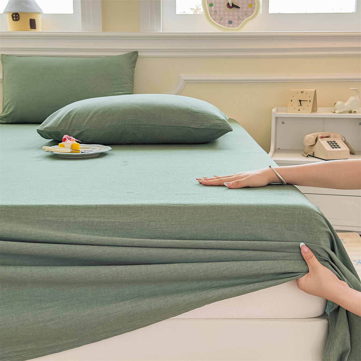 91家纺网 家纺一手货源 找家纺 菡宝 2025新款全棉纯棉色织水洗棉单床单 绿色青年