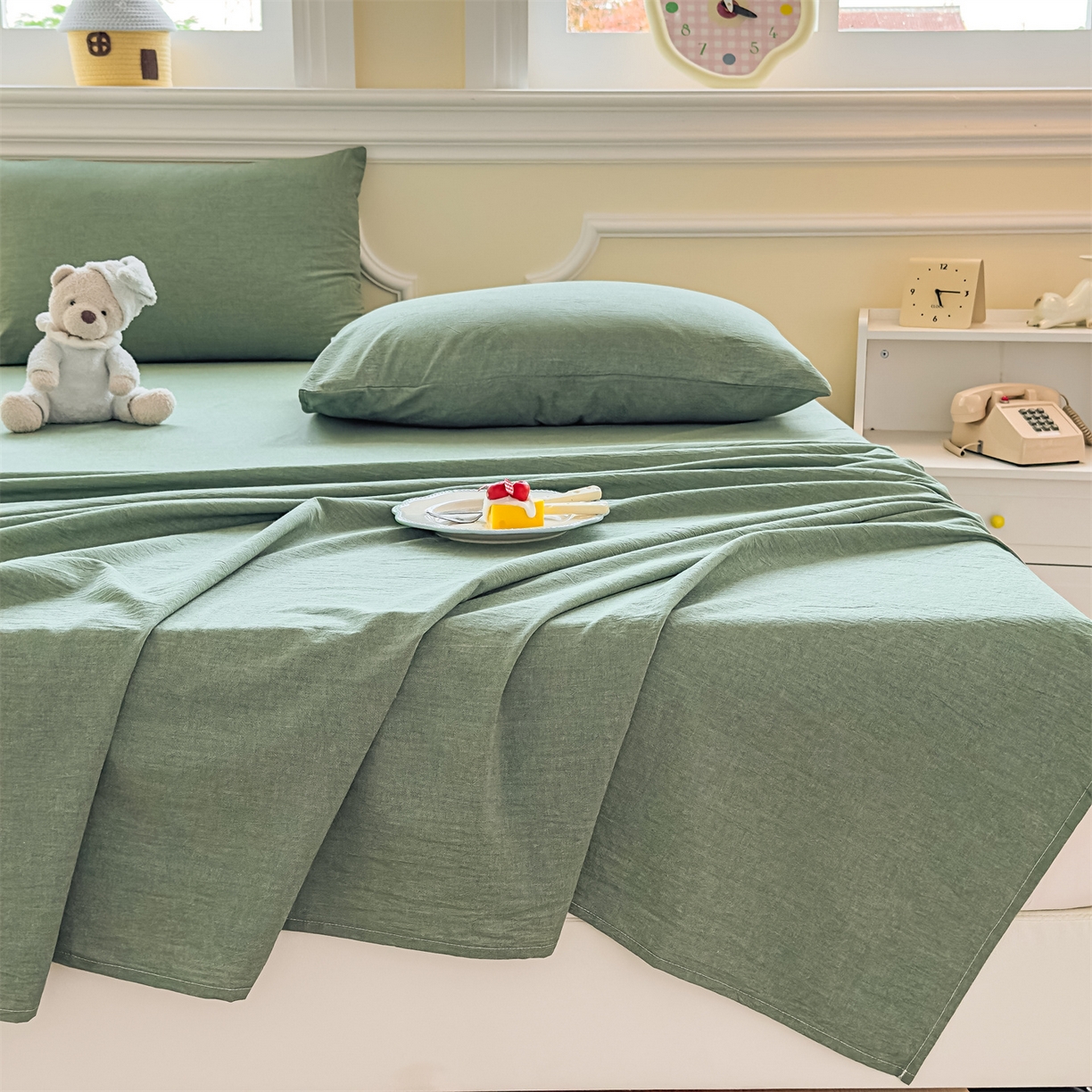 91家纺网 家纺一手货源 找家纺 菡宝 2025新款全棉纯棉色织水洗棉单床单 绿色青年