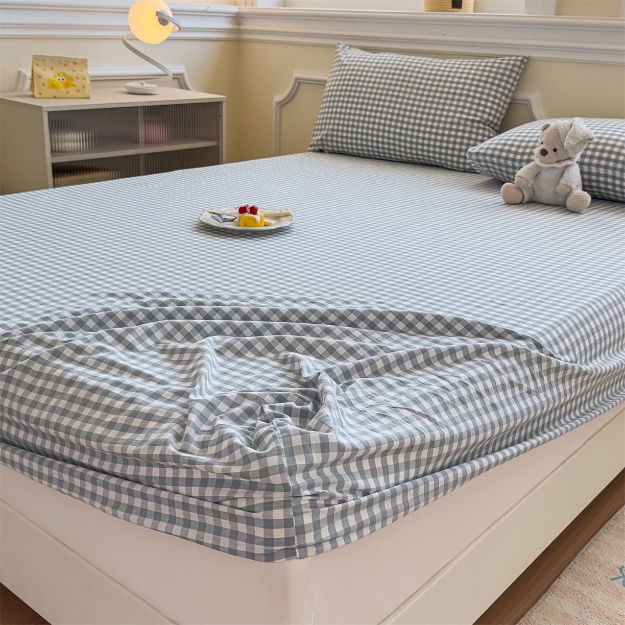 91家纺网 家纺一手货源 找家纺 菡宝 2025新款全棉纯棉色织水洗棉单单床笠 蓝小格