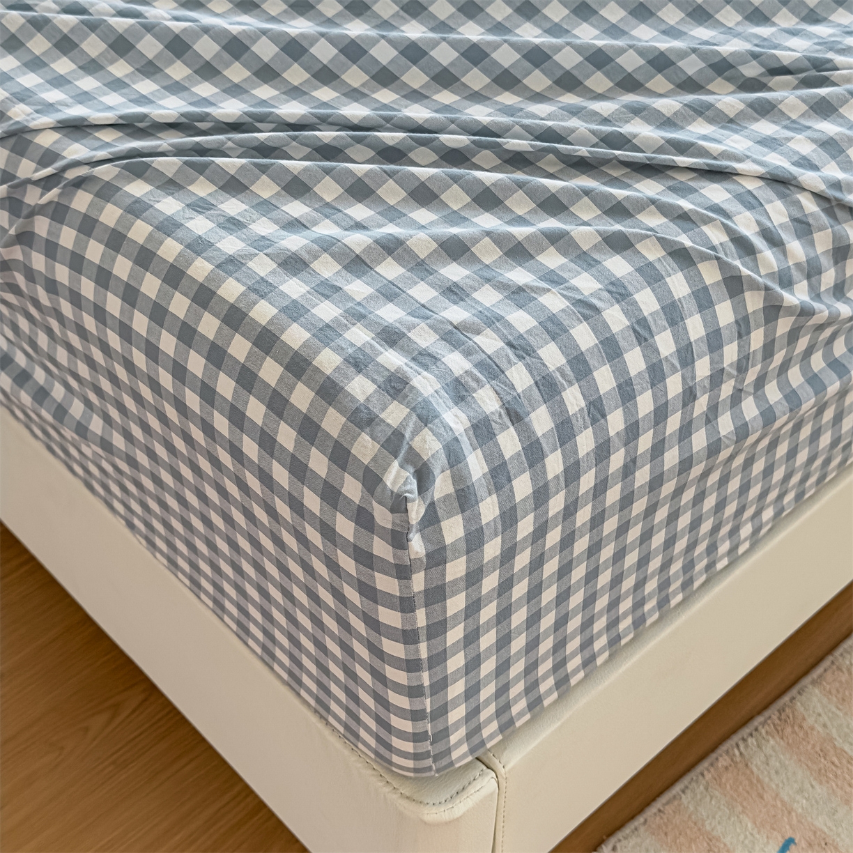 91家纺网 家纺一手货源 找家纺 菡宝 2025新款全棉纯棉色织水洗棉单单床笠 蓝小格