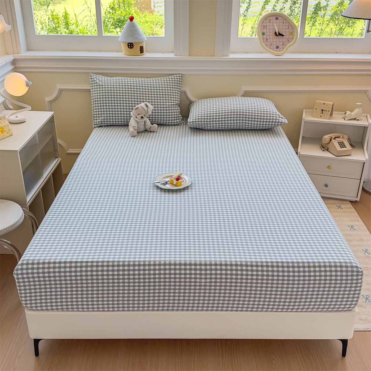 91家纺网 家纺一手货源 找家纺 菡宝 2025新款全棉纯棉色织水洗棉单单床笠 蓝小格