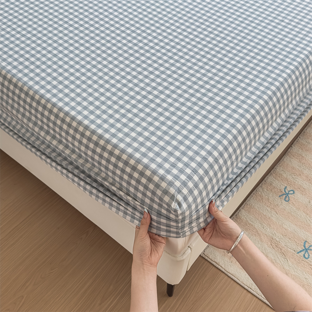 91家纺网 家纺一手货源 找家纺 菡宝 2025新款全棉纯棉色织水洗棉单单床笠 蓝小格