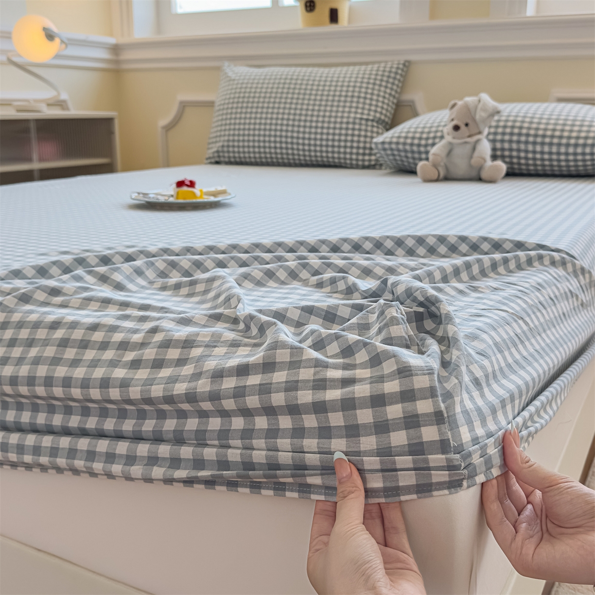 91家纺网 家纺一手货源 找家纺 菡宝 2025新款全棉纯棉色织水洗棉单单床笠 蓝小格