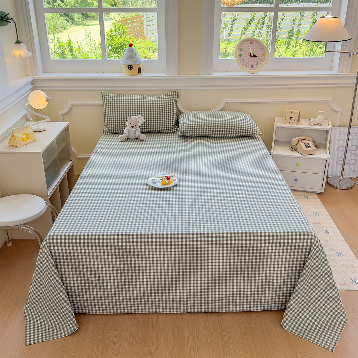 91家纺网 家纺一手货源 找家纺 菡宝 2025新款全棉纯棉色织水洗棉单床单 绿小格