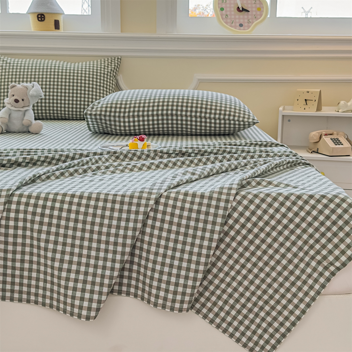 91家纺网 家纺一手货源 找家纺 菡宝 2025新款全棉纯棉色织水洗棉单床单 绿小格