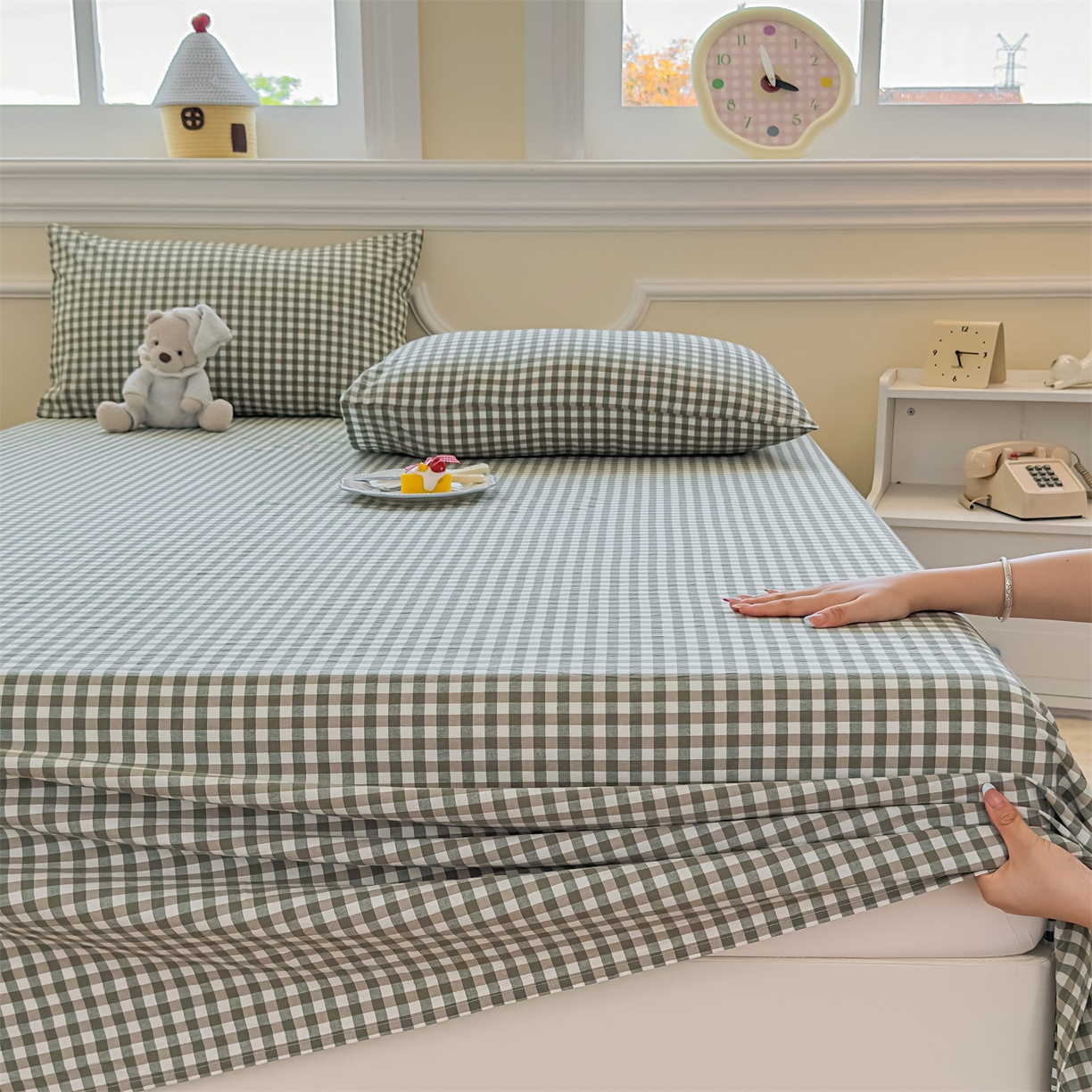 91家纺网 家纺一手货源 找家纺 菡宝 2025新款全棉纯棉色织水洗棉单床单 绿小格