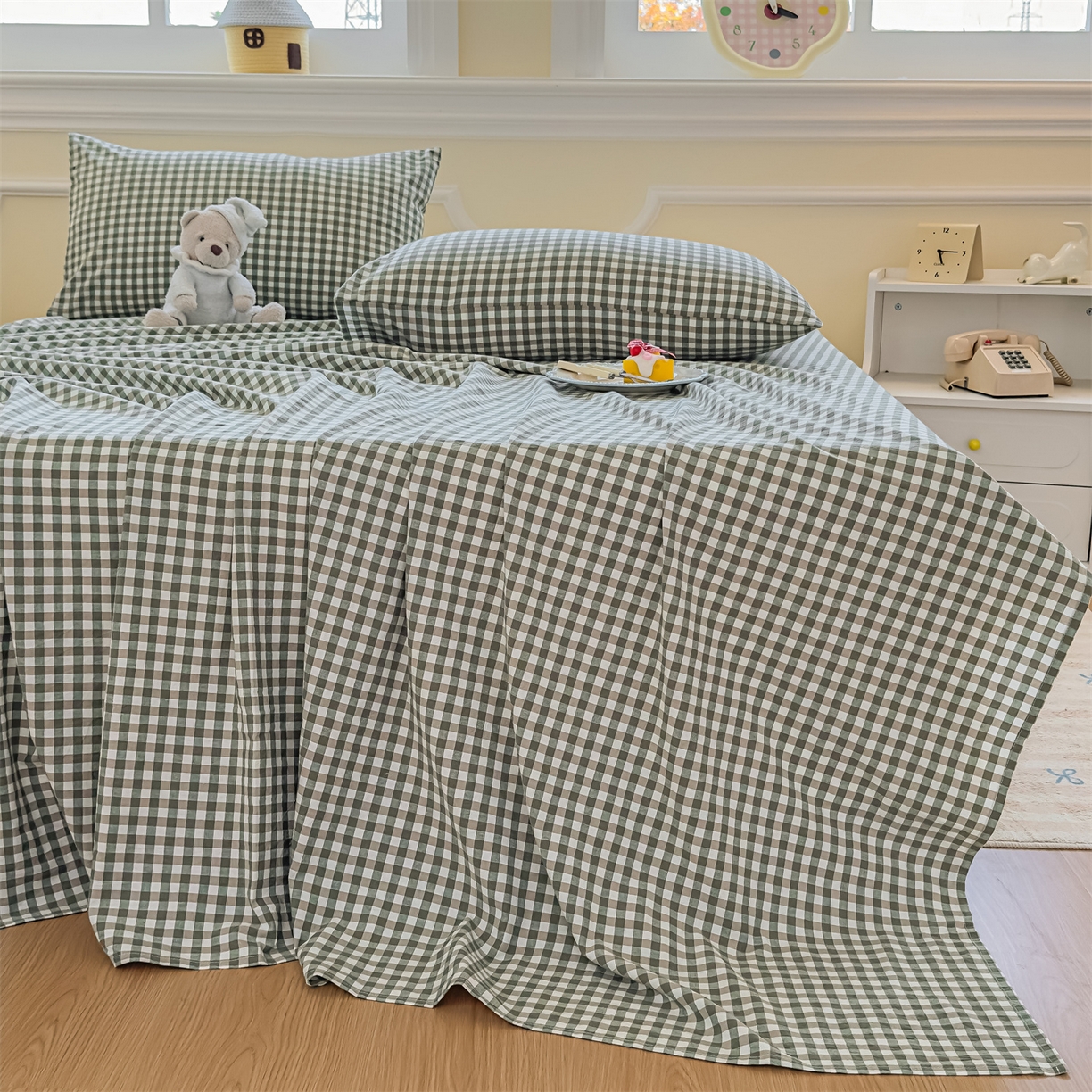 91家纺网 家纺一手货源 找家纺 菡宝 2025新款全棉纯棉色织水洗棉单床单 绿小格