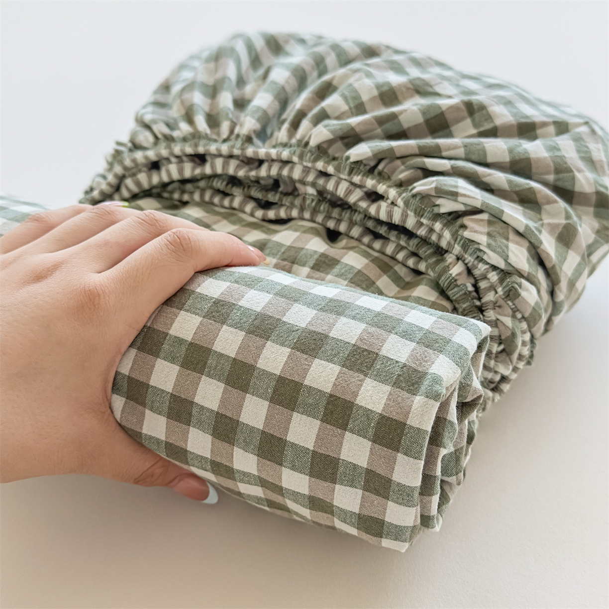 菡宝 2025新款全棉纯棉色织水洗棉单单床笠 绿小格