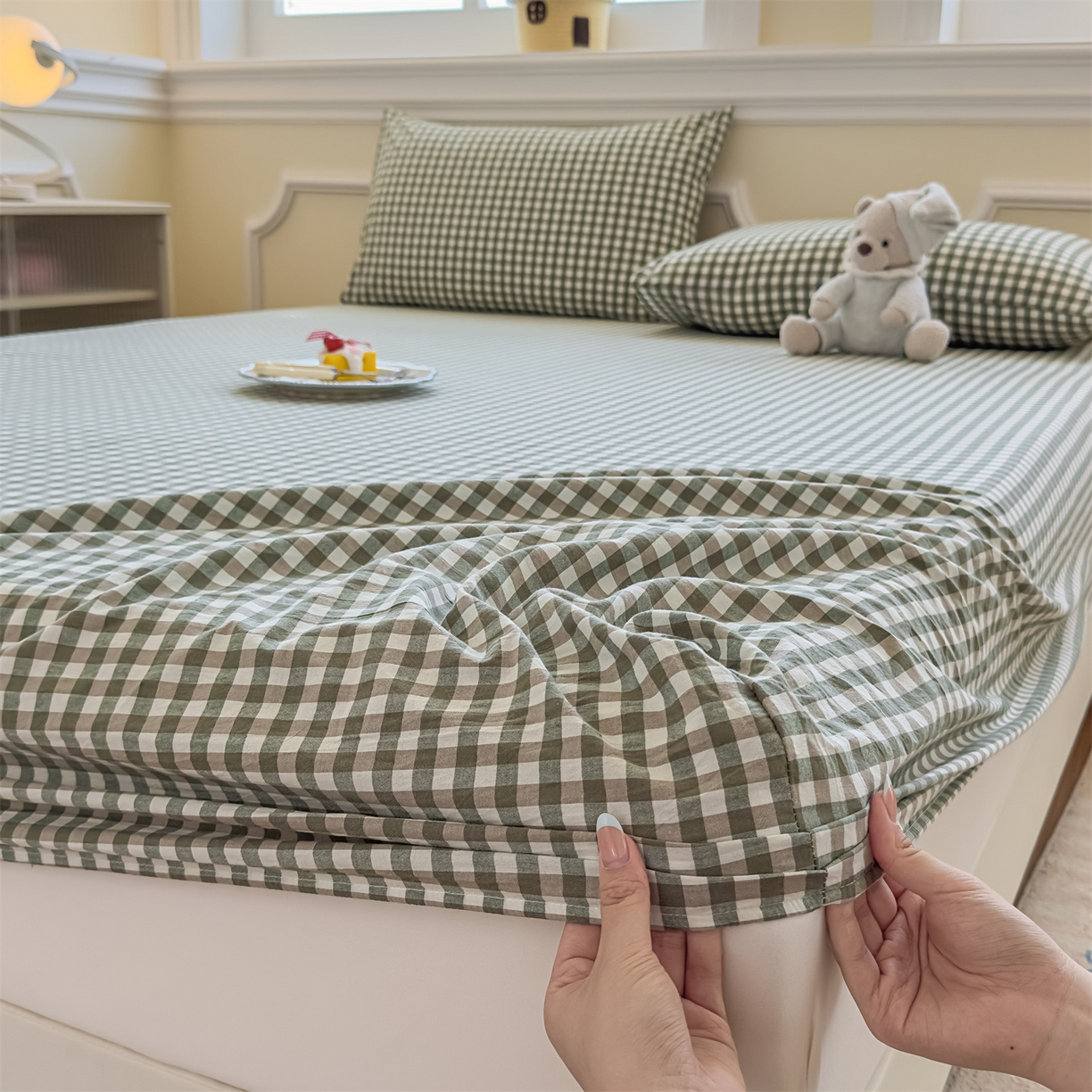 91家纺网 家纺一手货源 找家纺 菡宝 2025新款全棉纯棉色织水洗棉单单床笠 绿小格