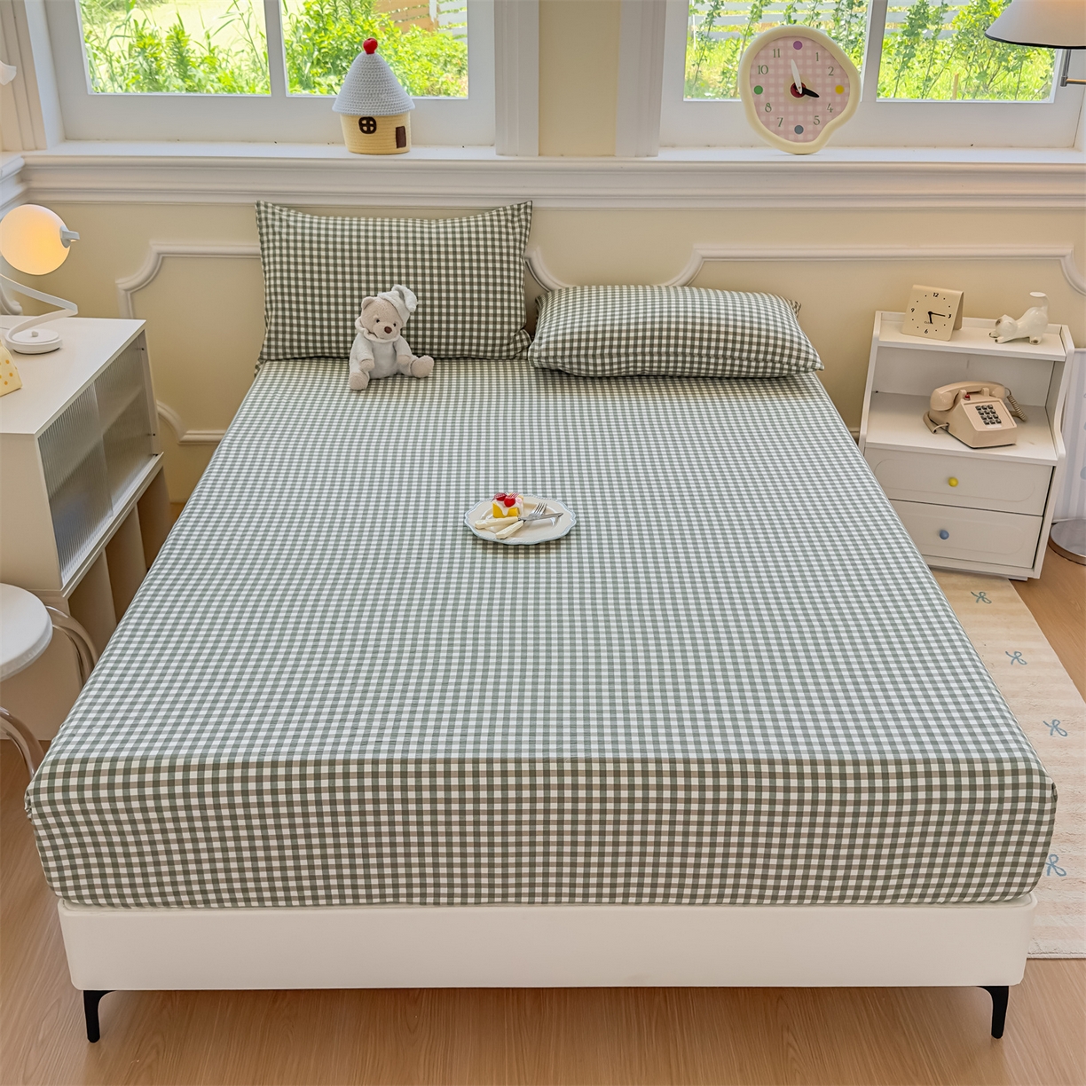 91家纺网 家纺一手货源 找家纺 菡宝 2025新款全棉纯棉色织水洗棉单单床笠 绿小格