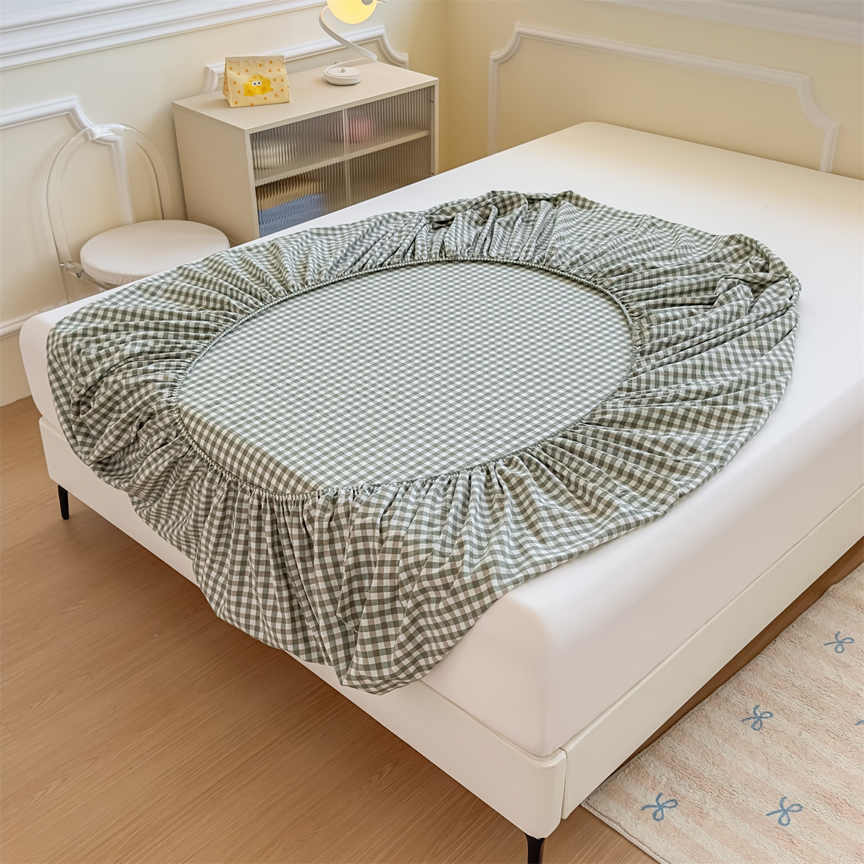 91家纺网 家纺一手货源 找家纺 菡宝 2025新款全棉纯棉色织水洗棉单单床笠 绿小格