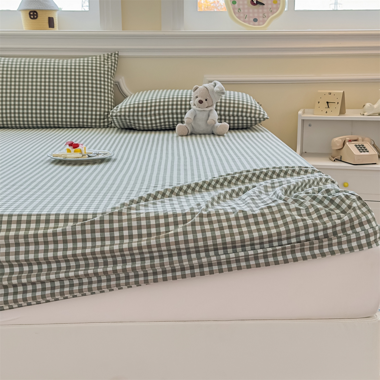 91家纺网 家纺一手货源 找家纺 菡宝 2025新款全棉纯棉色织水洗棉单单床笠 绿小格