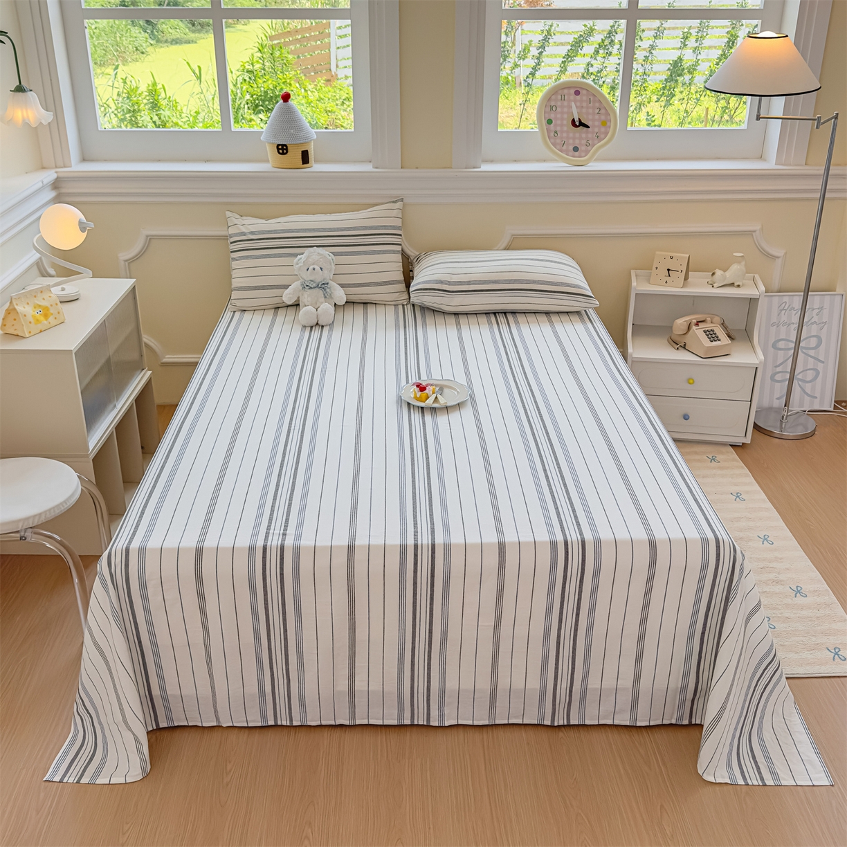 91家纺网 家纺一手货源 找家纺 菡宝 2025新款全棉纯棉色织水洗棉单床单 漫幽灰蓝条