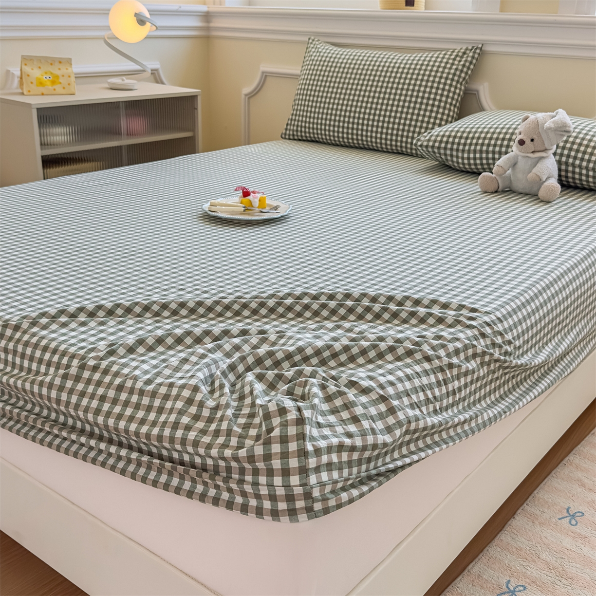 91家纺网 家纺一手货源 找家纺 菡宝 2025新款全棉纯棉色织水洗棉单单床笠 绿小格