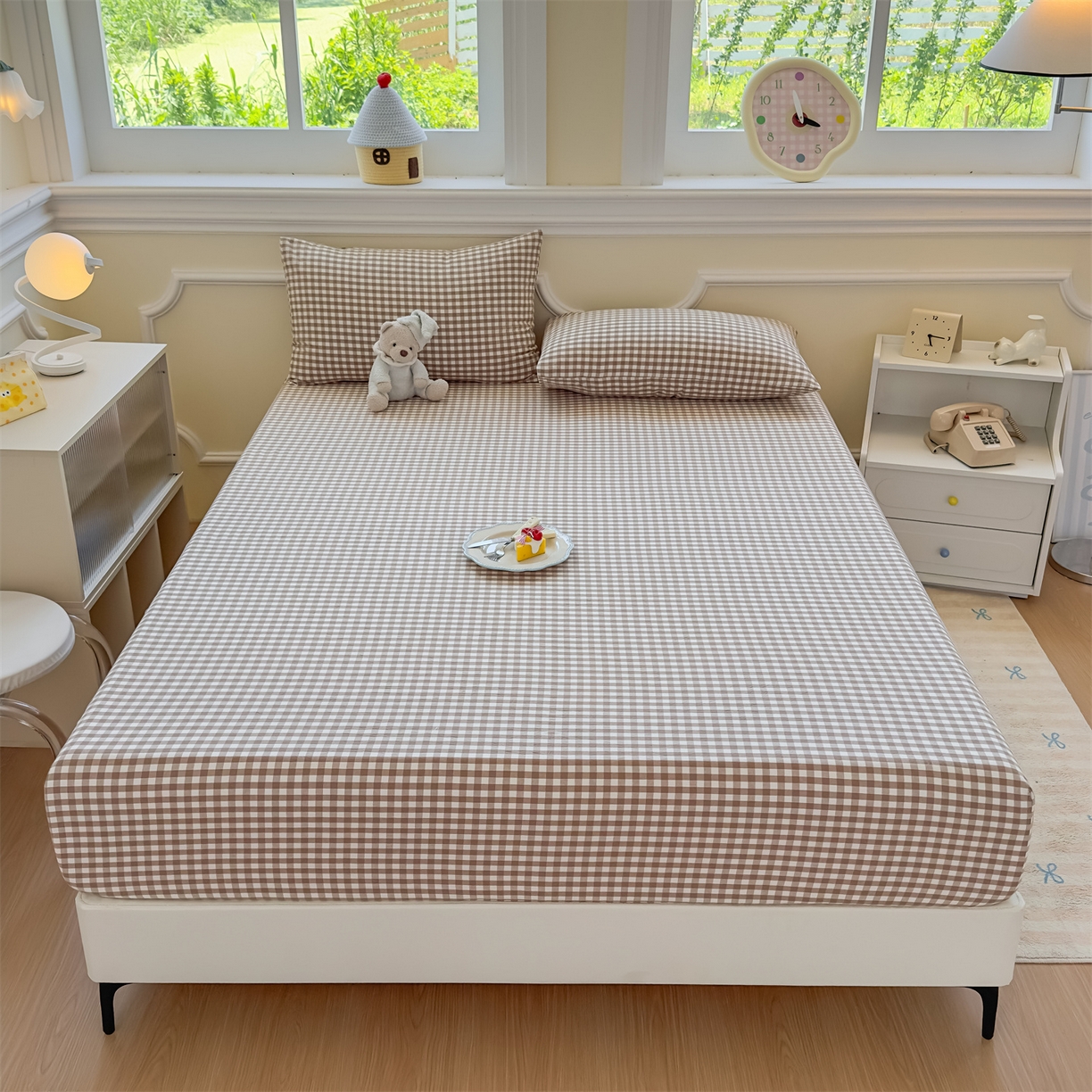 91家纺网 家纺一手货源 找家纺 菡宝 2025新款全棉纯棉色织水洗棉单单床笠 棕小格