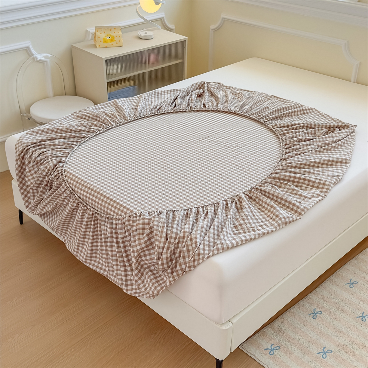 91家纺网 家纺一手货源 找家纺 菡宝 2025新款全棉纯棉色织水洗棉单单床笠 棕小格