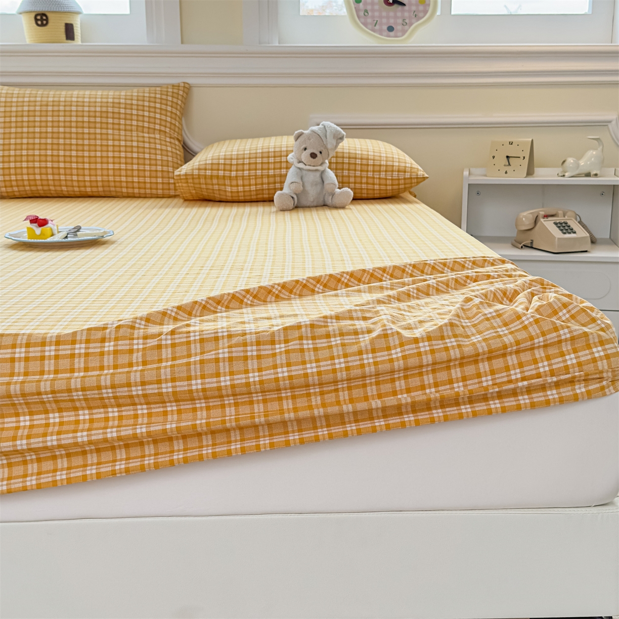 91家纺网 家纺一手货源 找家纺 菡宝 2025新款全棉纯棉色织水洗棉单单床笠 黄格调