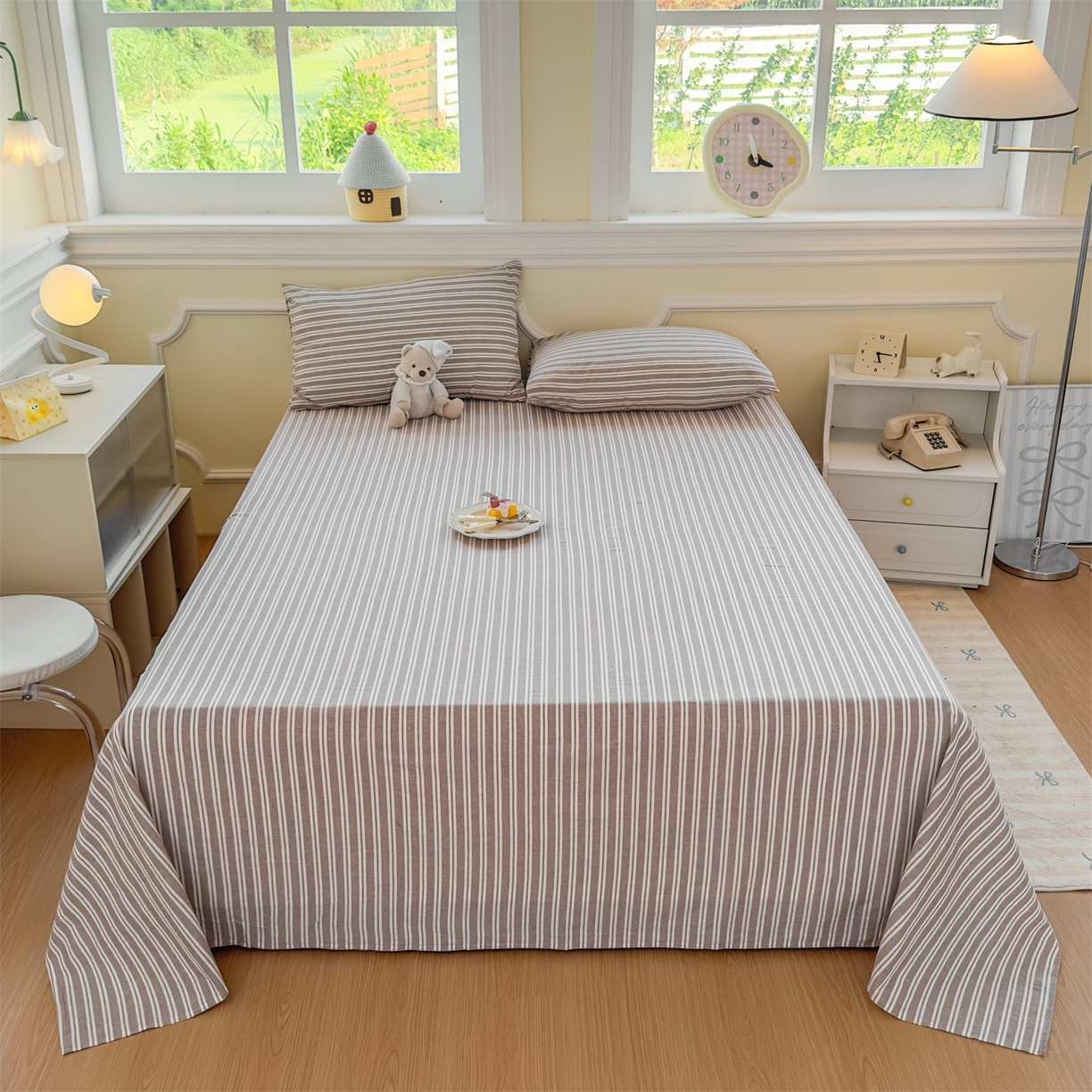 91家纺网 家纺一手货源 找家纺 菡宝 2025新款全棉纯棉色织水洗棉单床单 牧野米卡棕