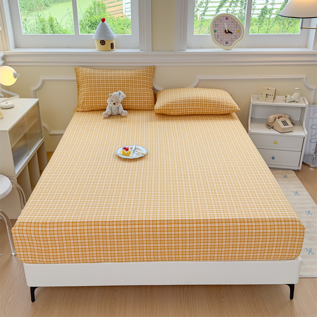 91家纺网 家纺一手货源 找家纺 菡宝 2025新款全棉纯棉色织水洗棉单单床笠 黄格调