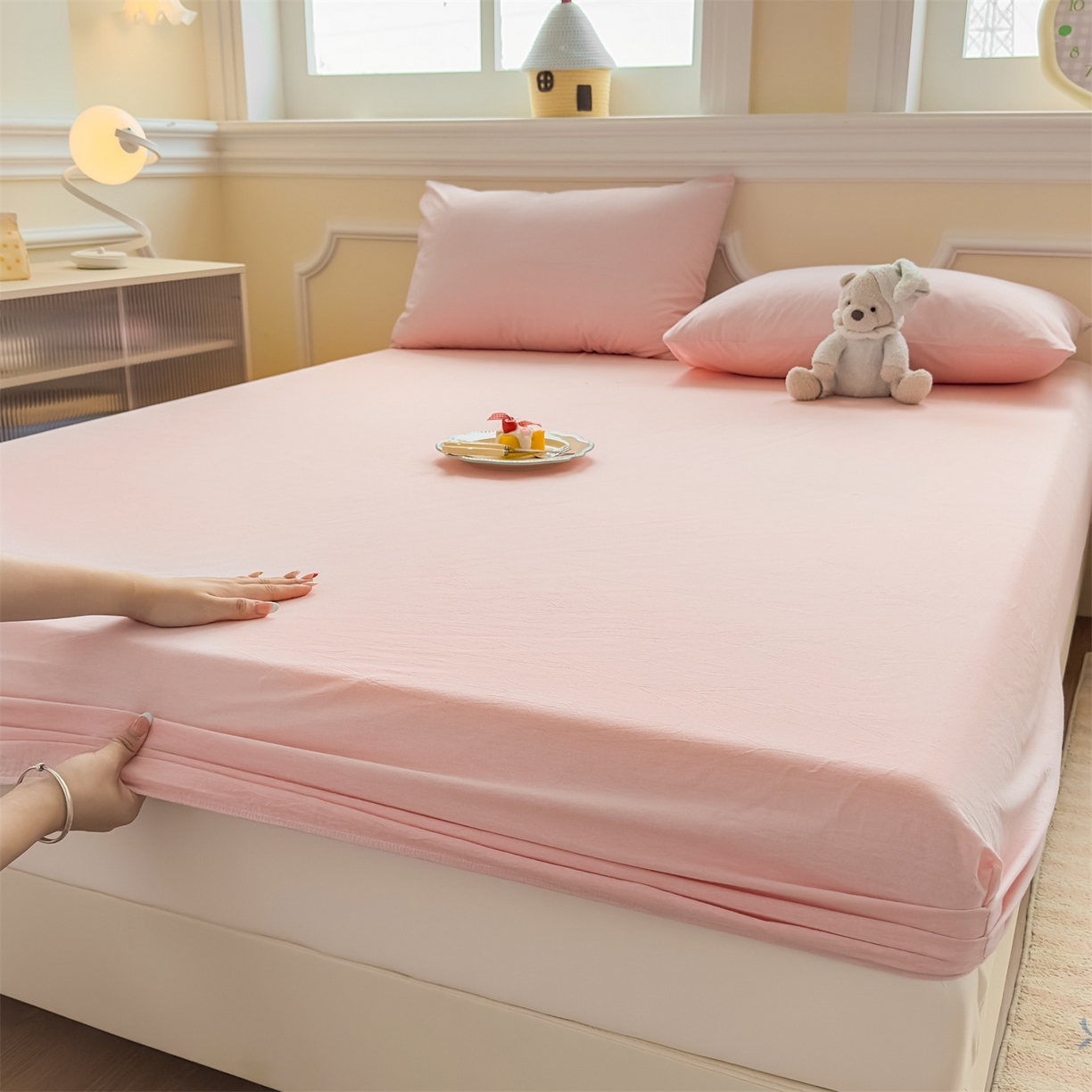 91家纺网 家纺一手货源 找家纺 菡宝 2025新款全棉纯棉色织水洗棉单单床笠 粉色青年