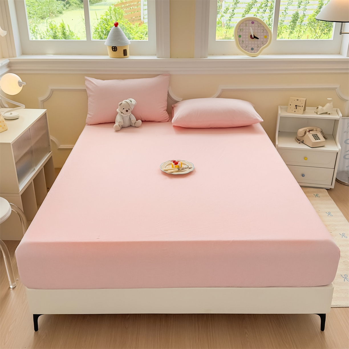 91家纺网 家纺一手货源 找家纺 菡宝 2025新款全棉纯棉色织水洗棉单单床笠 粉色青年