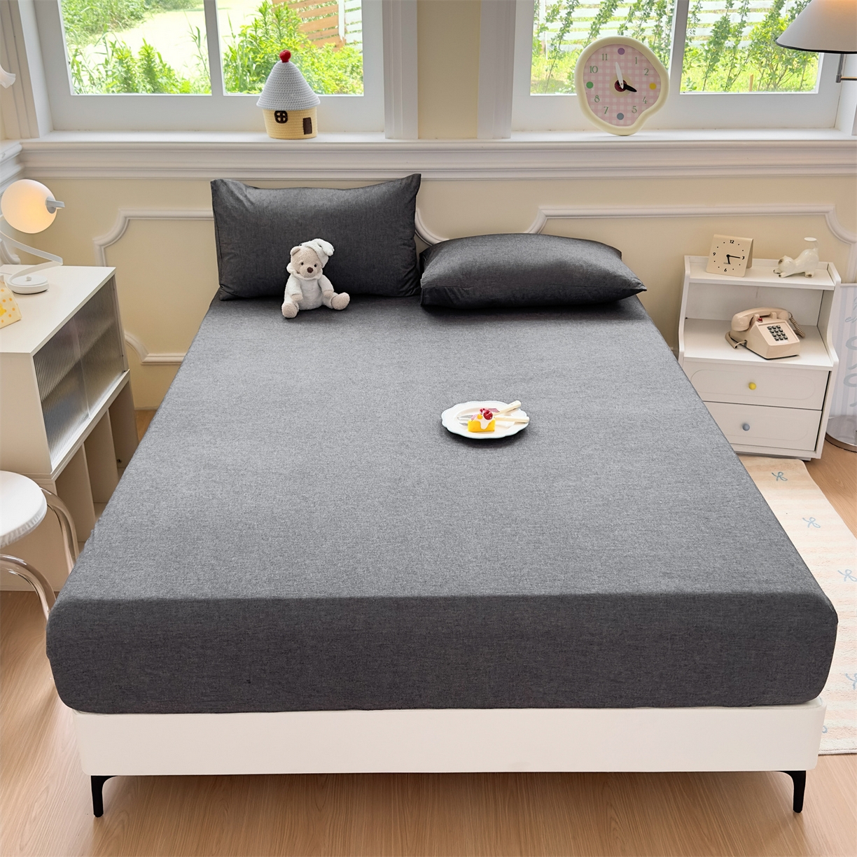 91家纺网 家纺一手货源 找家纺 菡宝 2025新款全棉纯棉色织水洗棉单单床笠 黑色青年