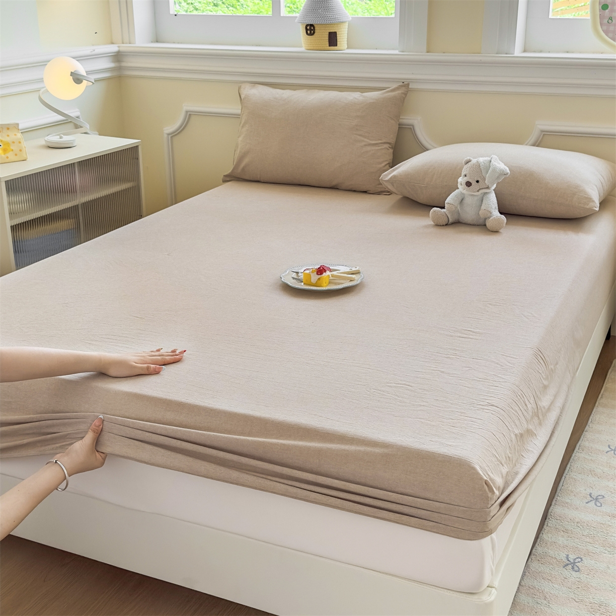 91家纺网 家纺一手货源 找家纺 菡宝 2025新款全棉纯棉色织水洗棉单单床笠 卡其青年