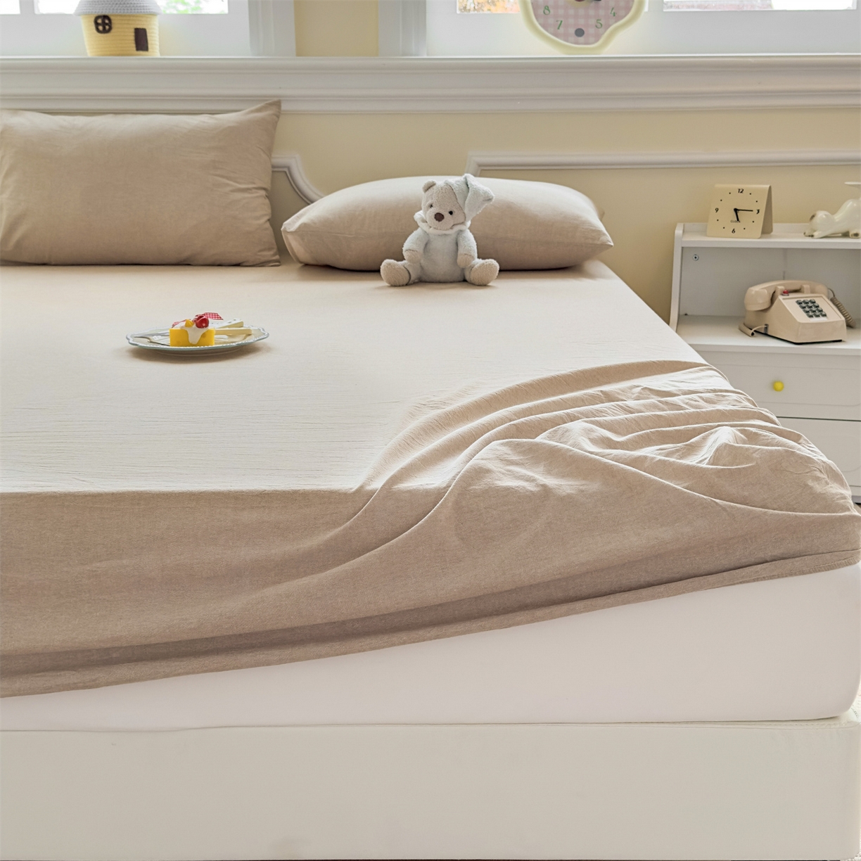 91家纺网 家纺一手货源 找家纺 菡宝 2025新款全棉纯棉色织水洗棉单单床笠 卡其青年