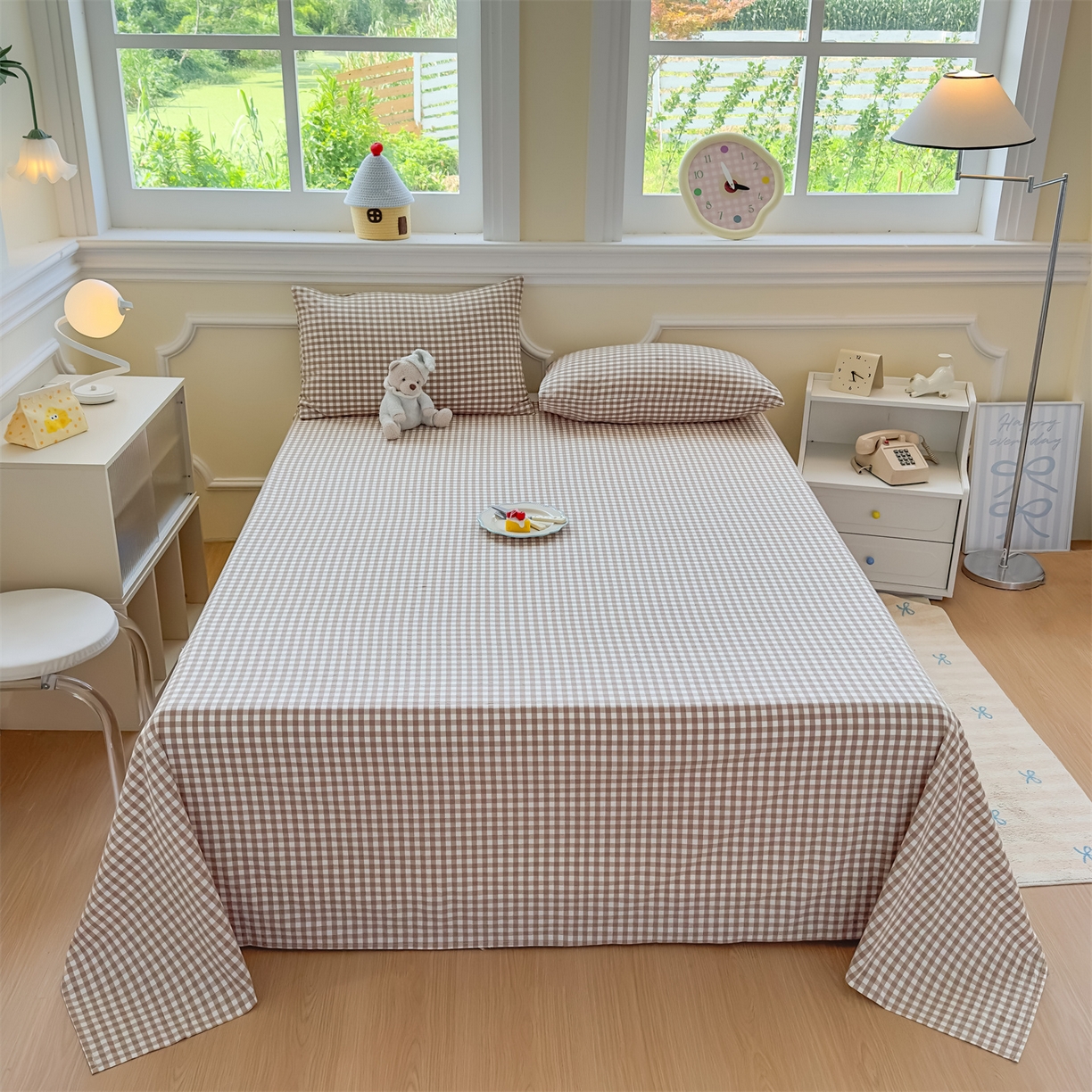 91家纺网 家纺一手货源 找家纺 菡宝 2025新款全棉纯棉色织水洗棉单床单 棕小格