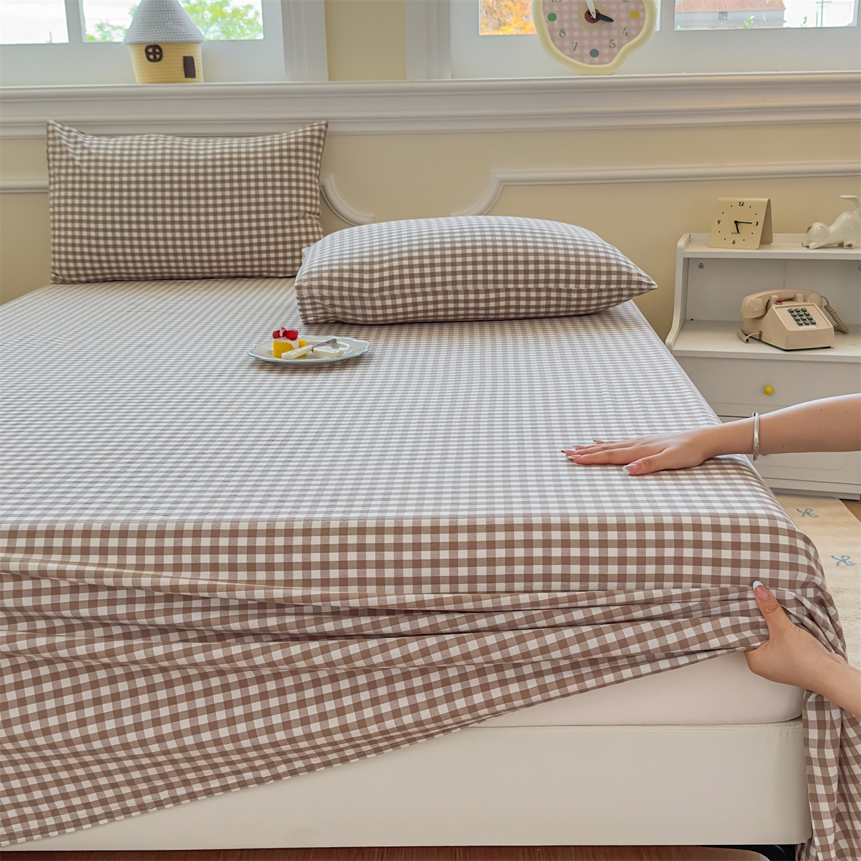 91家纺网 家纺一手货源 找家纺 菡宝 2025新款全棉纯棉色织水洗棉单床单 棕小格