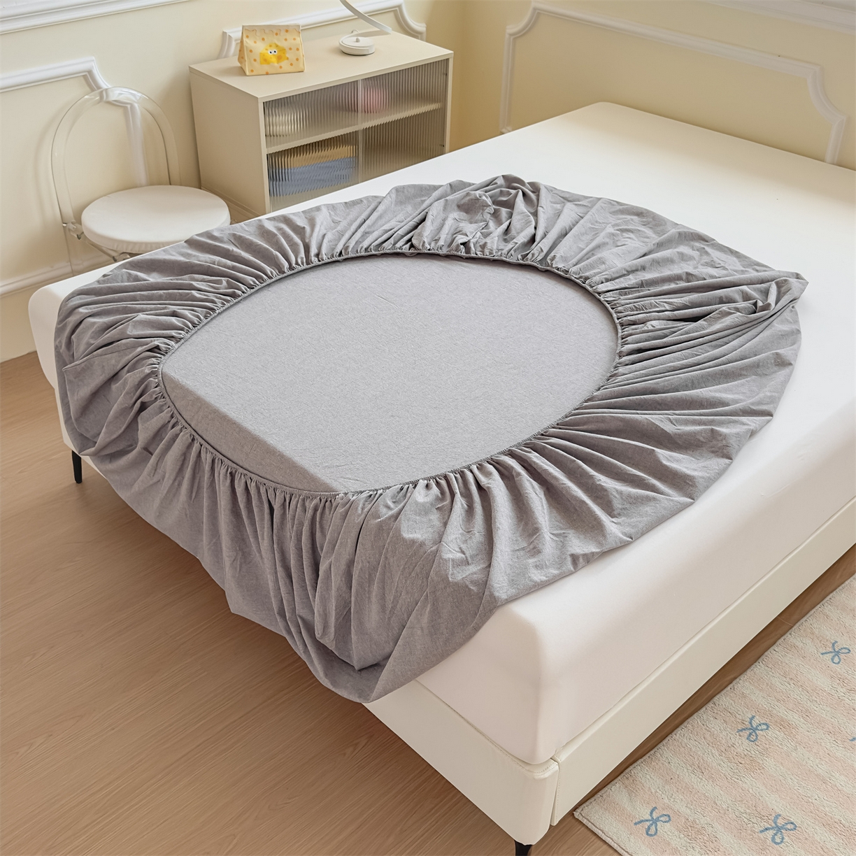 91家纺网 家纺一手货源 找家纺 菡宝 2025新款全棉纯棉色织水洗棉单单床笠 灰色青年