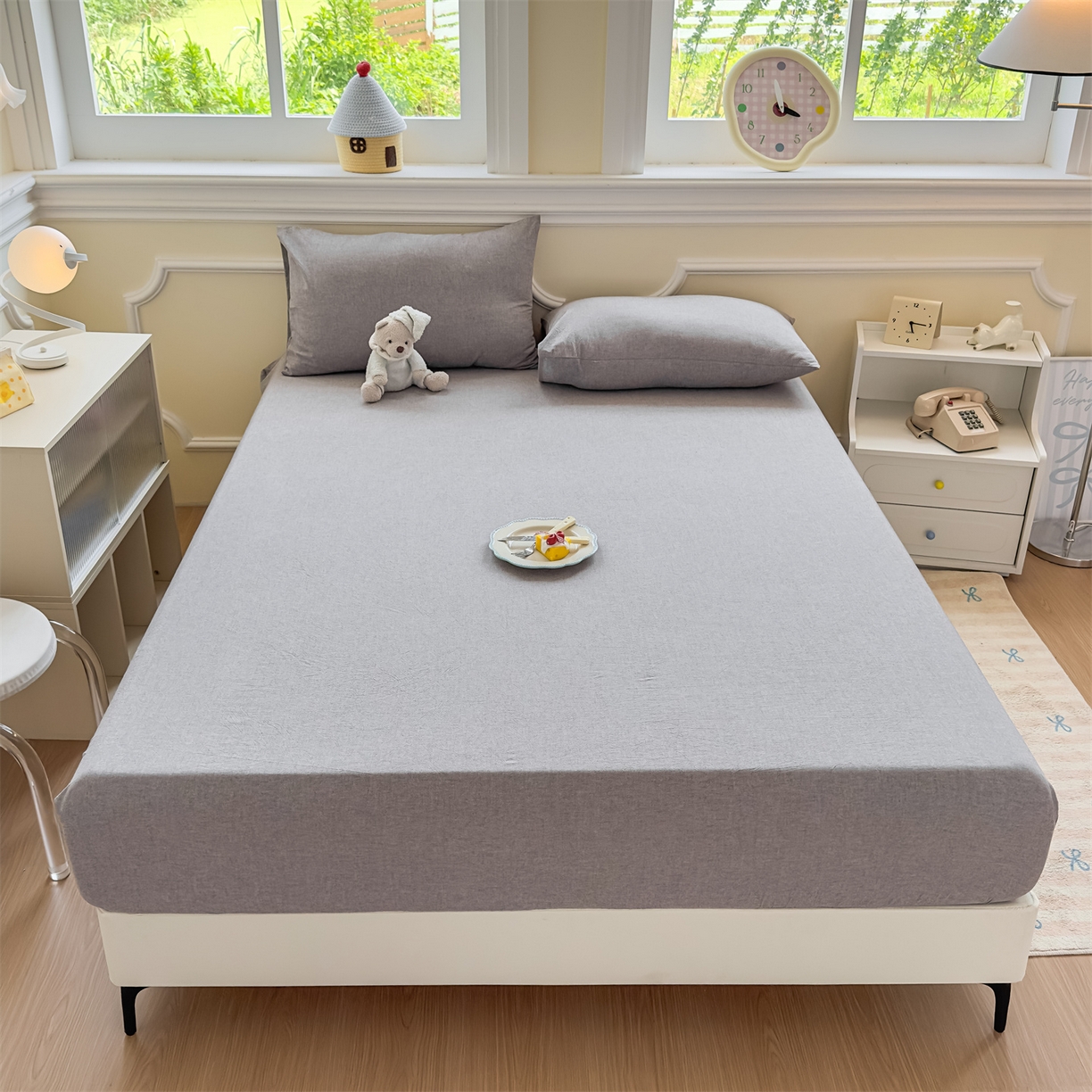 91家纺网 家纺一手货源 找家纺 菡宝 2025新款全棉纯棉色织水洗棉单单床笠 灰色青年