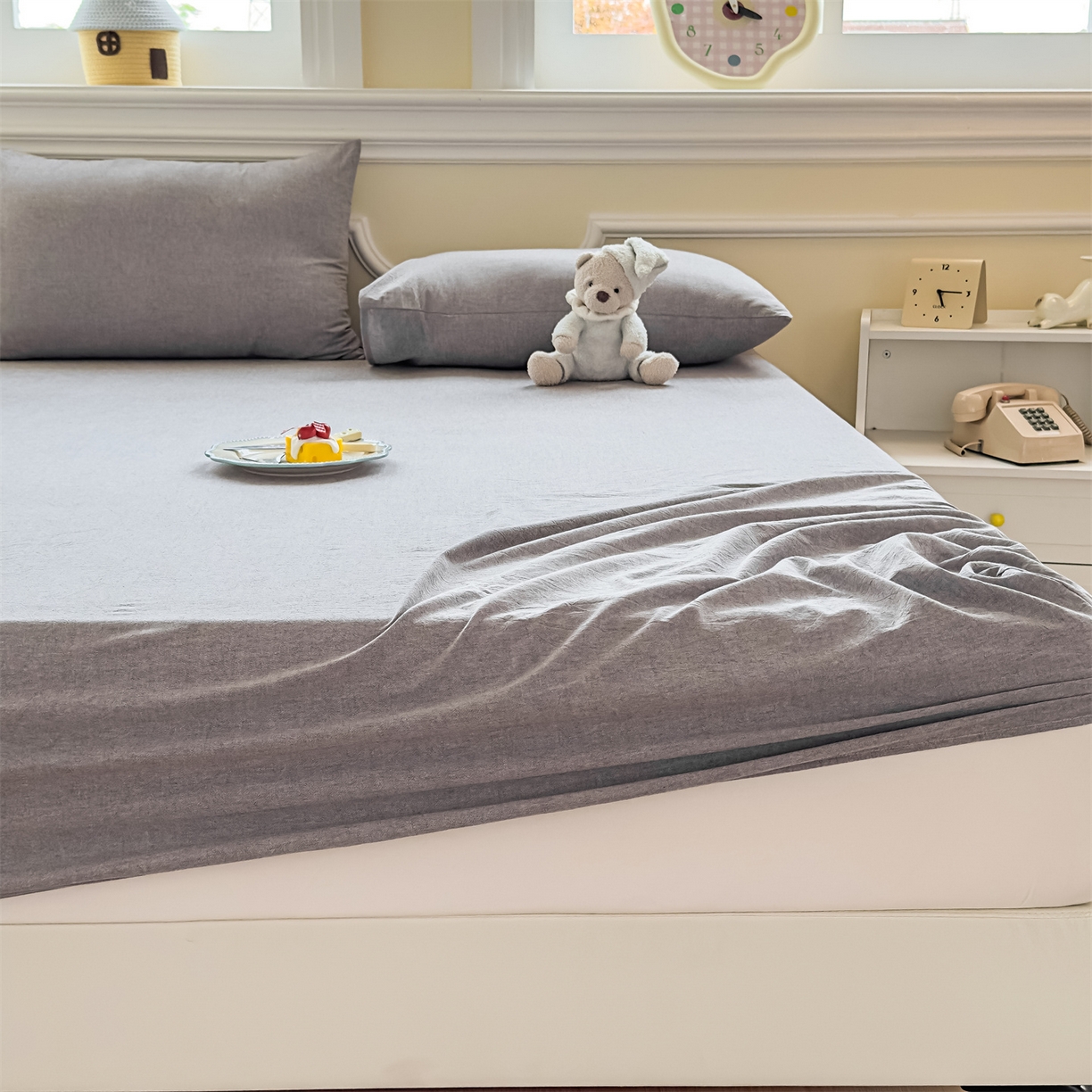 91家纺网 家纺一手货源 找家纺 菡宝 2025新款全棉纯棉色织水洗棉单单床笠 灰色青年