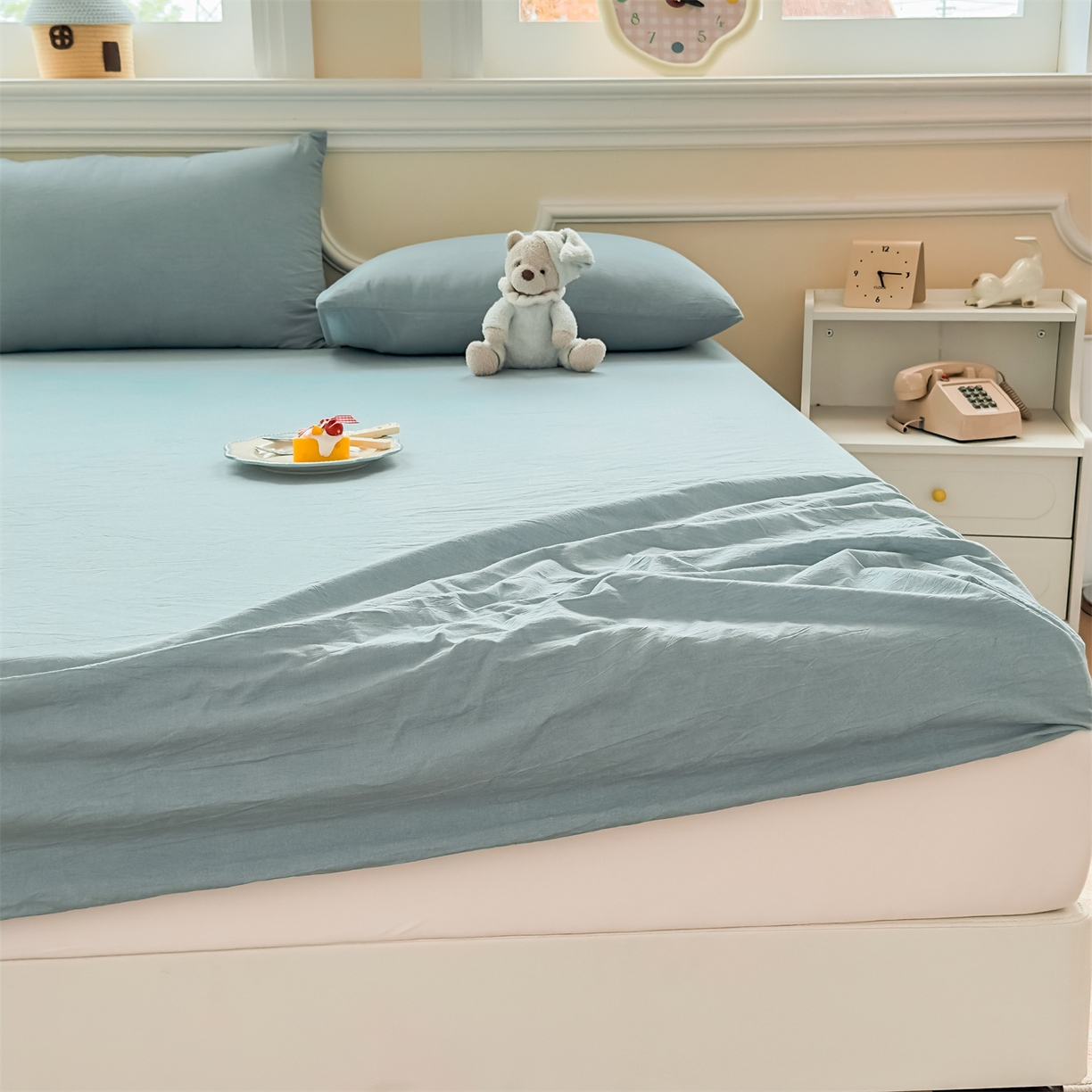 91家纺网 家纺一手货源 找家纺 菡宝 2025新款全棉纯棉色织水洗棉单单床笠 兰色青年