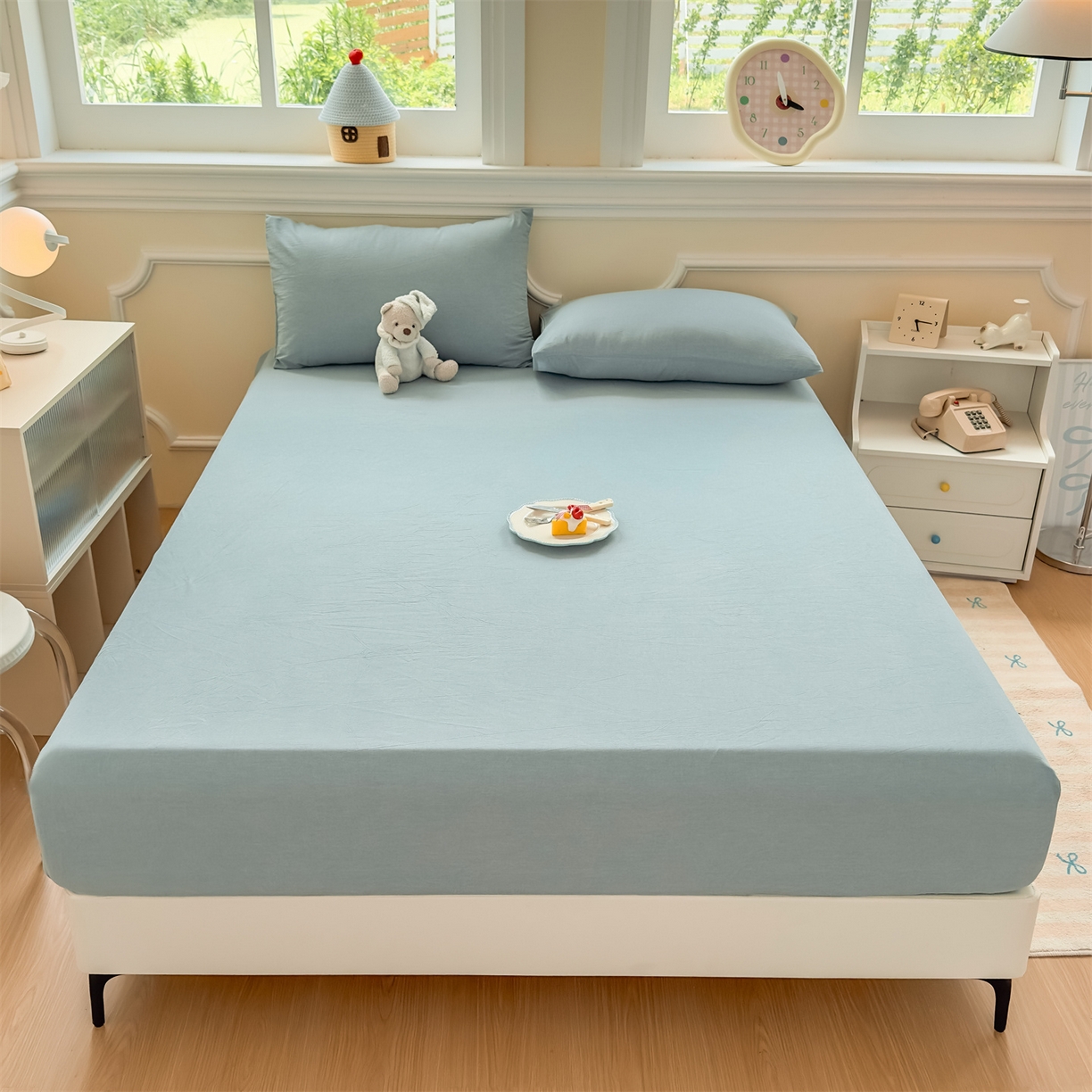 91家纺网 家纺一手货源 找家纺 菡宝 2025新款全棉纯棉色织水洗棉单单床笠 兰色青年