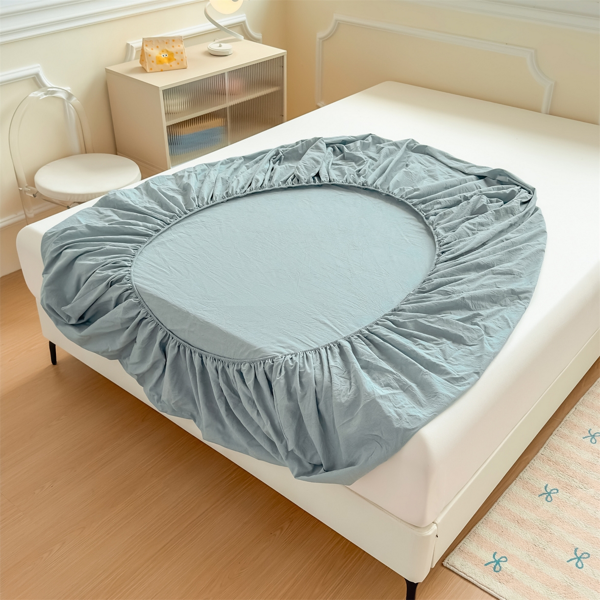 91家纺网 家纺一手货源 找家纺 菡宝 2025新款全棉纯棉色织水洗棉单单床笠 兰色青年