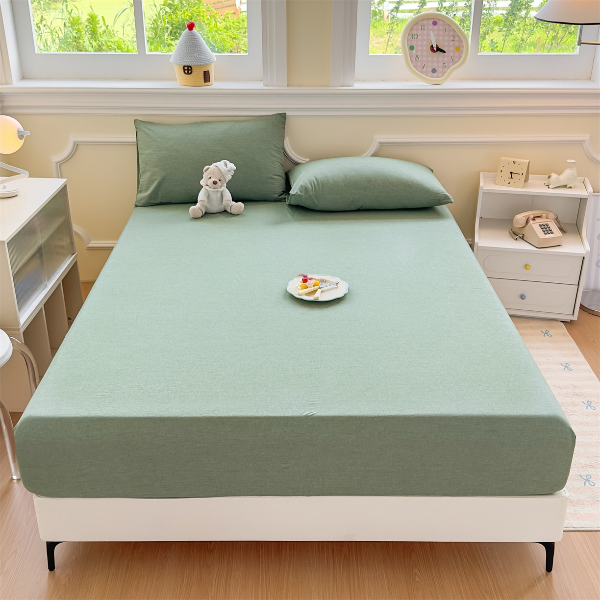 91家纺网 家纺一手货源 找家纺 菡宝 2025新款全棉纯棉色织水洗棉单单床笠 绿色青年