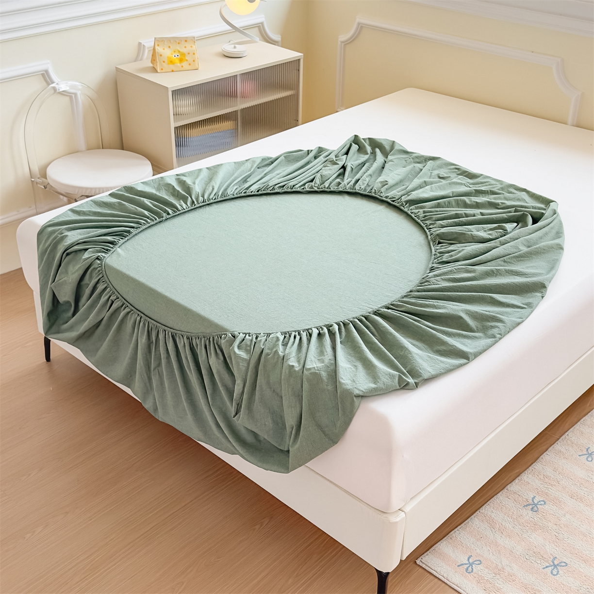 91家纺网 家纺一手货源 找家纺 菡宝 2025新款全棉纯棉色织水洗棉单单床笠 绿色青年