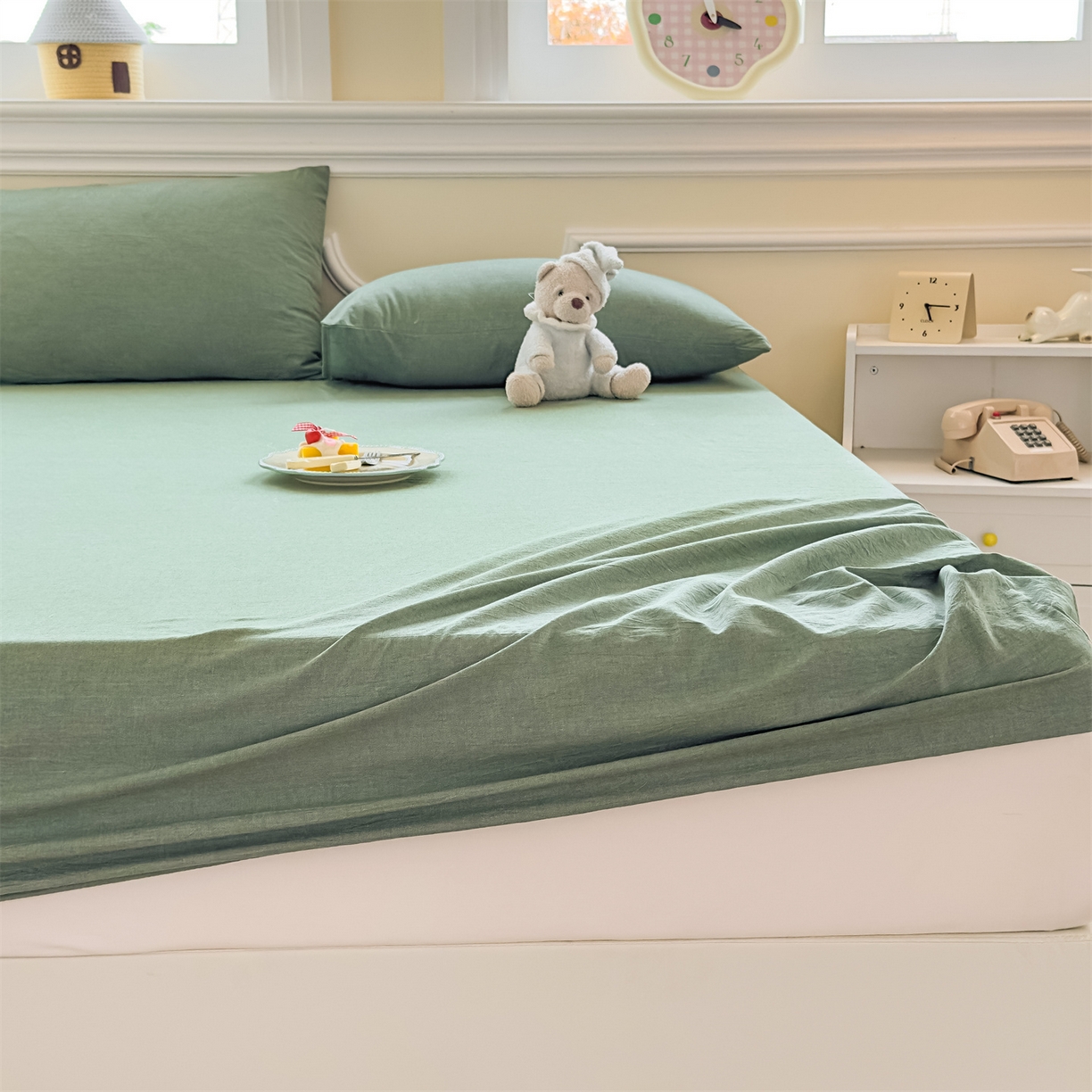 91家纺网 家纺一手货源 找家纺 菡宝 2025新款全棉纯棉色织水洗棉单单床笠 绿色青年